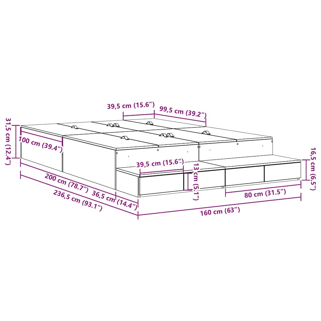 Krevet s ladicama Siva Sonoma 160 cm Konstruirano drvo