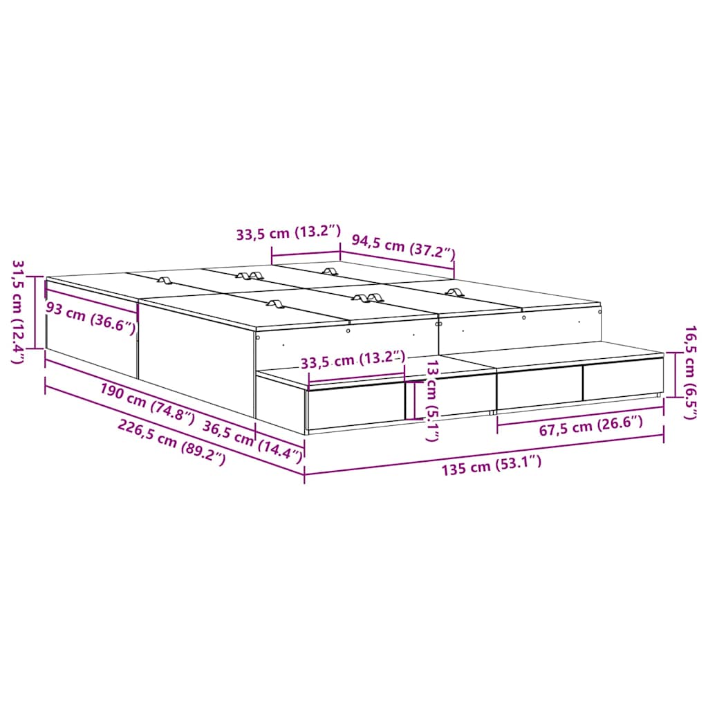 Krevet s ladicama Siva Sonoma 135 cm Konstruirano drvo