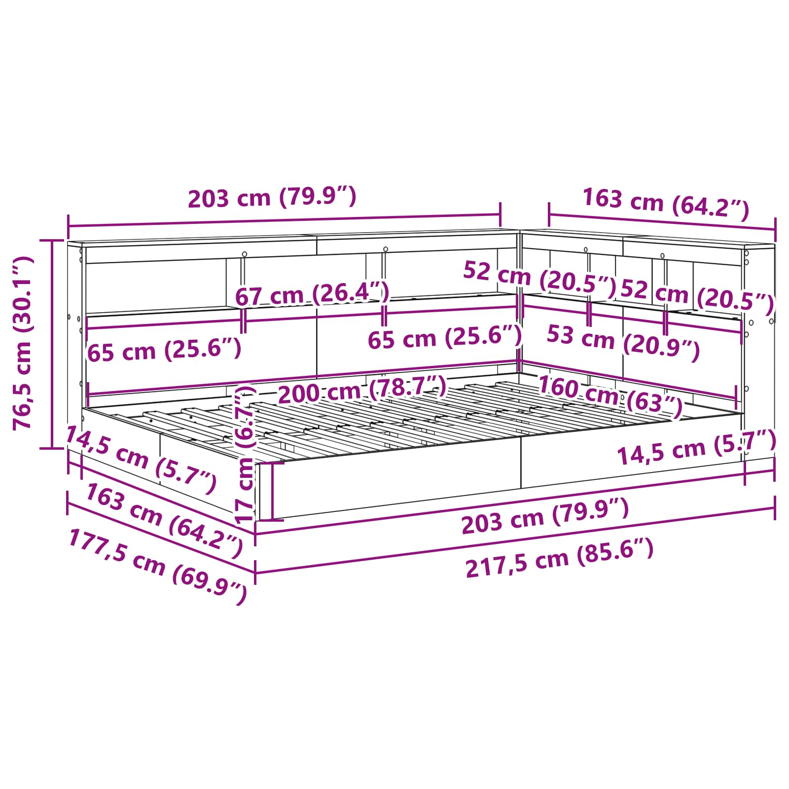 Krevet s policama Beton siva 160 x 200 cm Konstruirano drvo