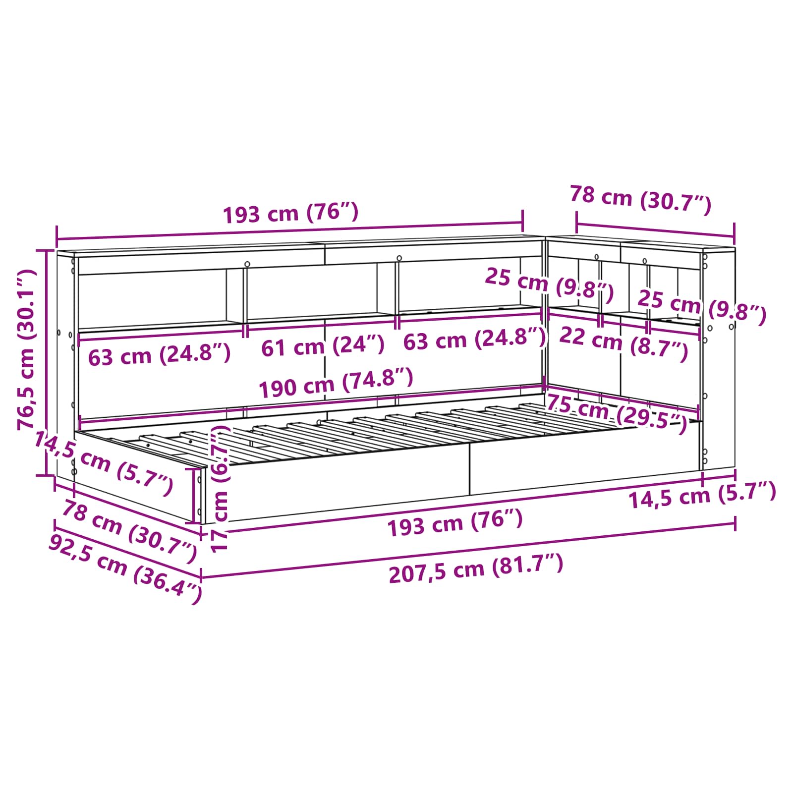 Krevet s policama Betonski sivi 75 x 190 cm Konstruirano drvo