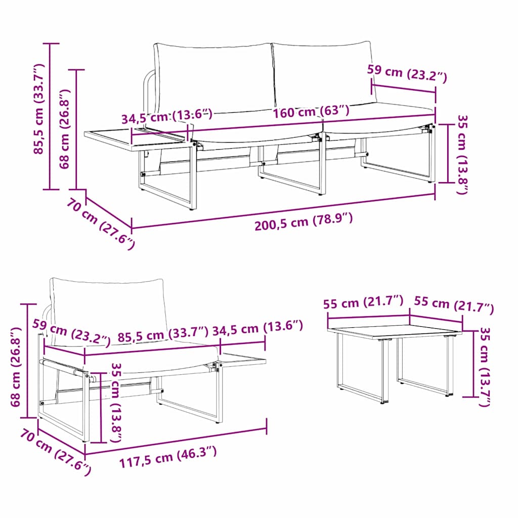 Vrtni set za objed 3 pcs Svijetlo siva Čelik