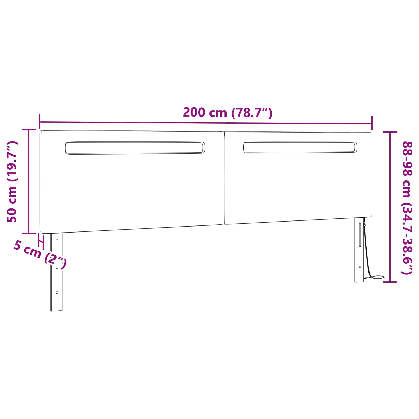 LED glava kreveta Crna 200 cm Lažna koža