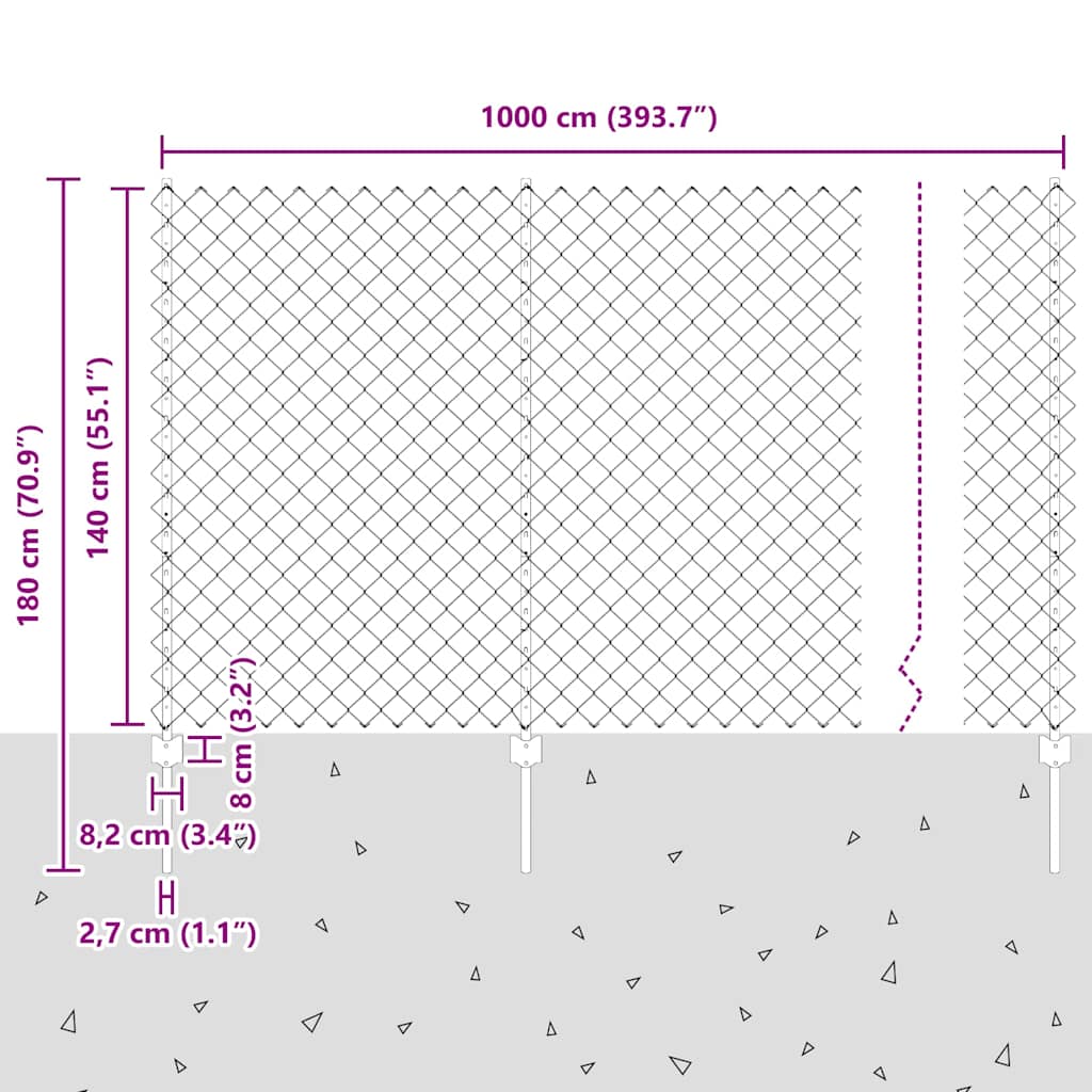 Ograda od lančanih veza s postom 10 x 1,4 m Srebrna Mreža