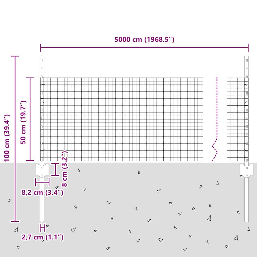 Zatvorena žičana ograda s postovima 50 x 0,5 m Siva Mreža