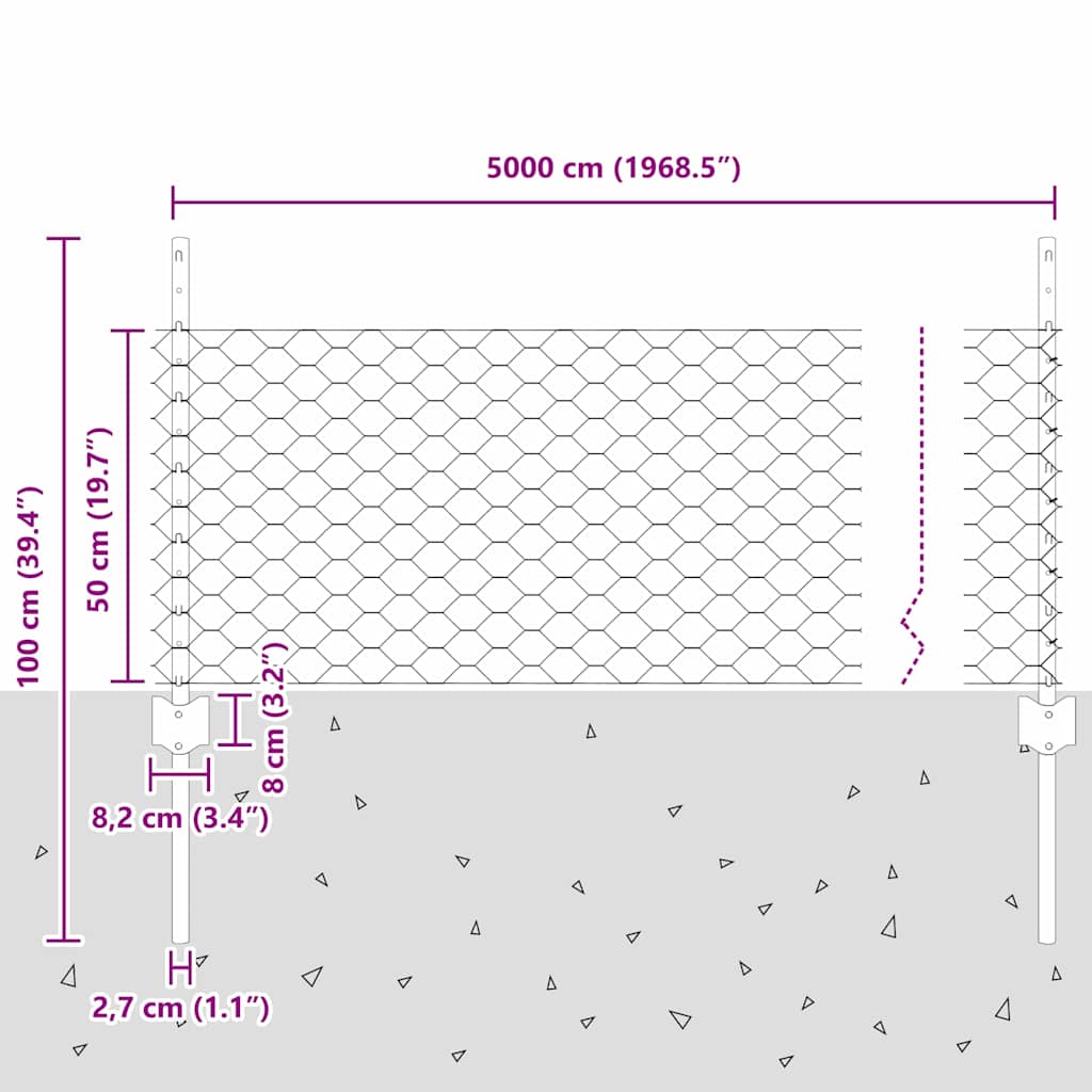 Heksagonalna ograda s stubom 50 x 0,5 m Čelik premazan PVC-om