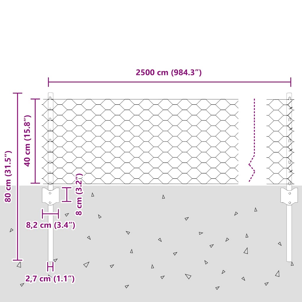 Heksagonalna ograda s stubom 25 x 0,4 m Pocinčani čelik Srebrna