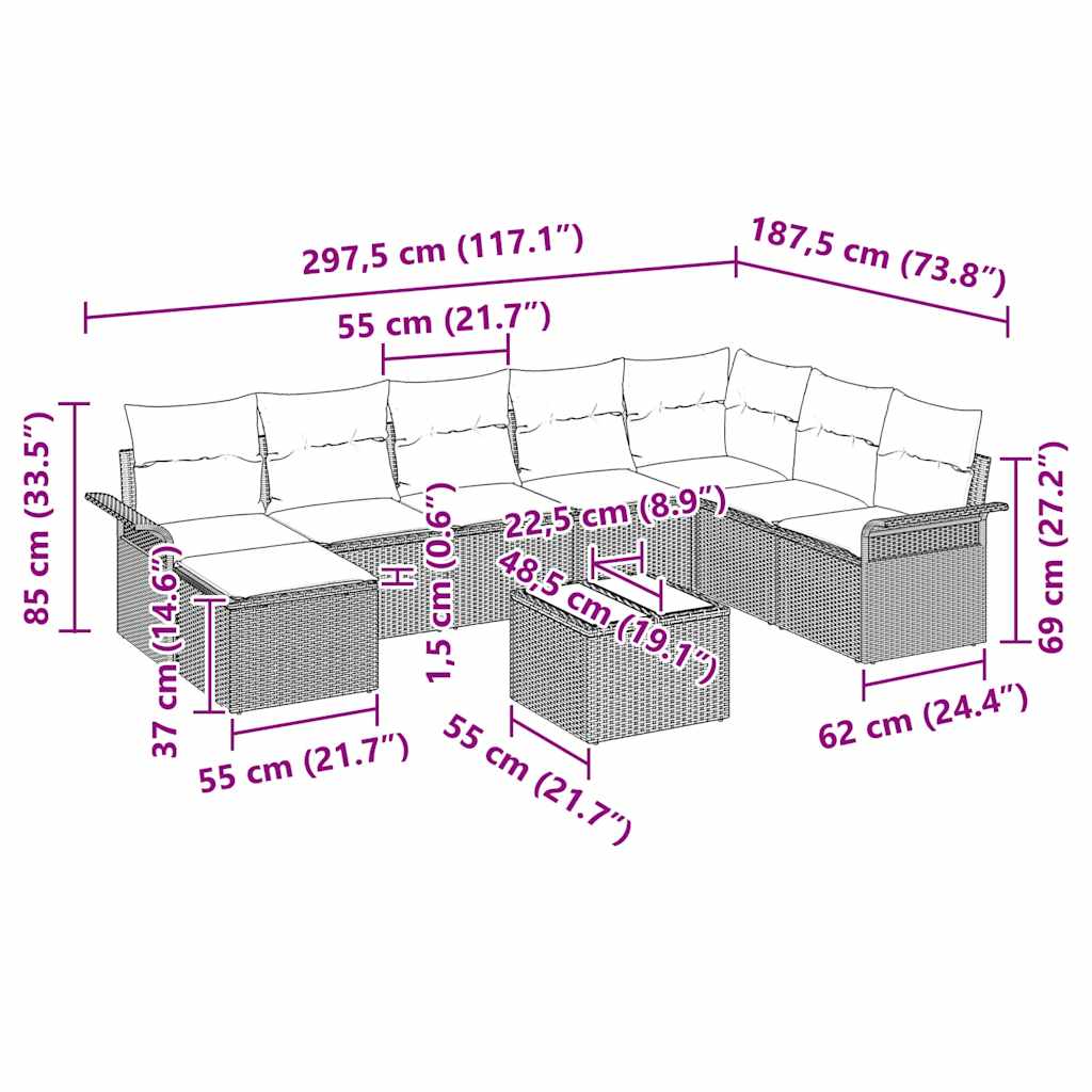 Sjedeća garnitura za vrt s jastukom 9 pcs Crna Poli ratan