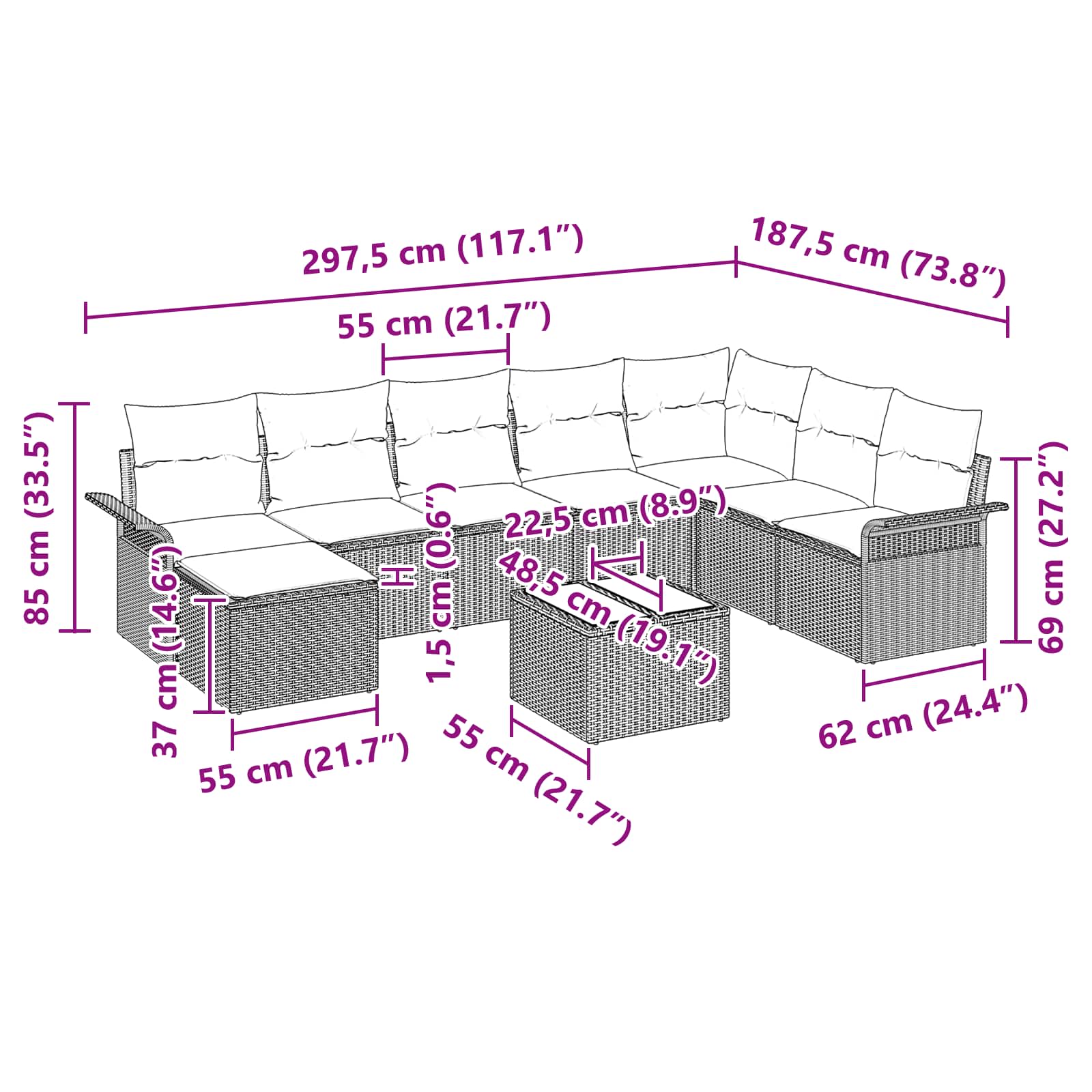 Sjedeća garnitura za vrt s jastukom 9 pcs Siva poliratan