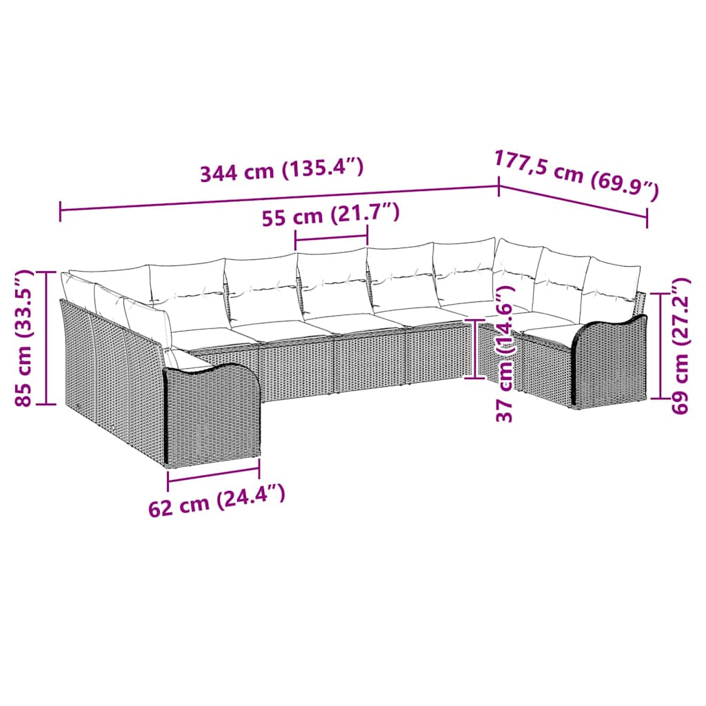 Sjedeća garnitura za vrt Siva 344 x 177,5 x 85 cm poliratan