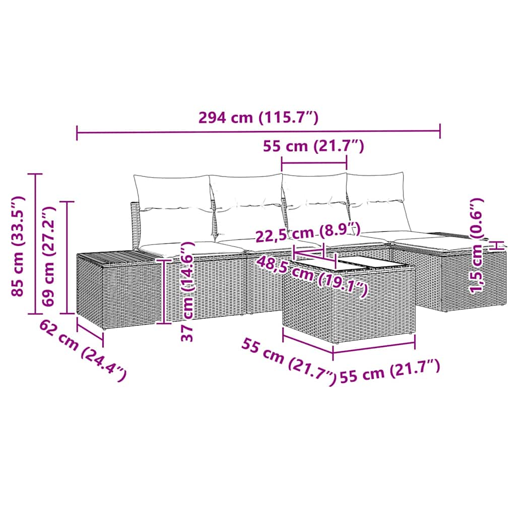 Sjedeća garnitura za vrt s jastukom 6 pcs Bež poliratan