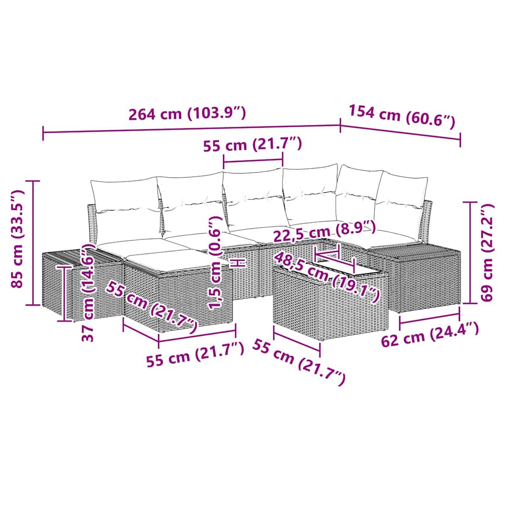 Sjedeća garnitura za vrt 7 pcs Svijetlo siva poliratan