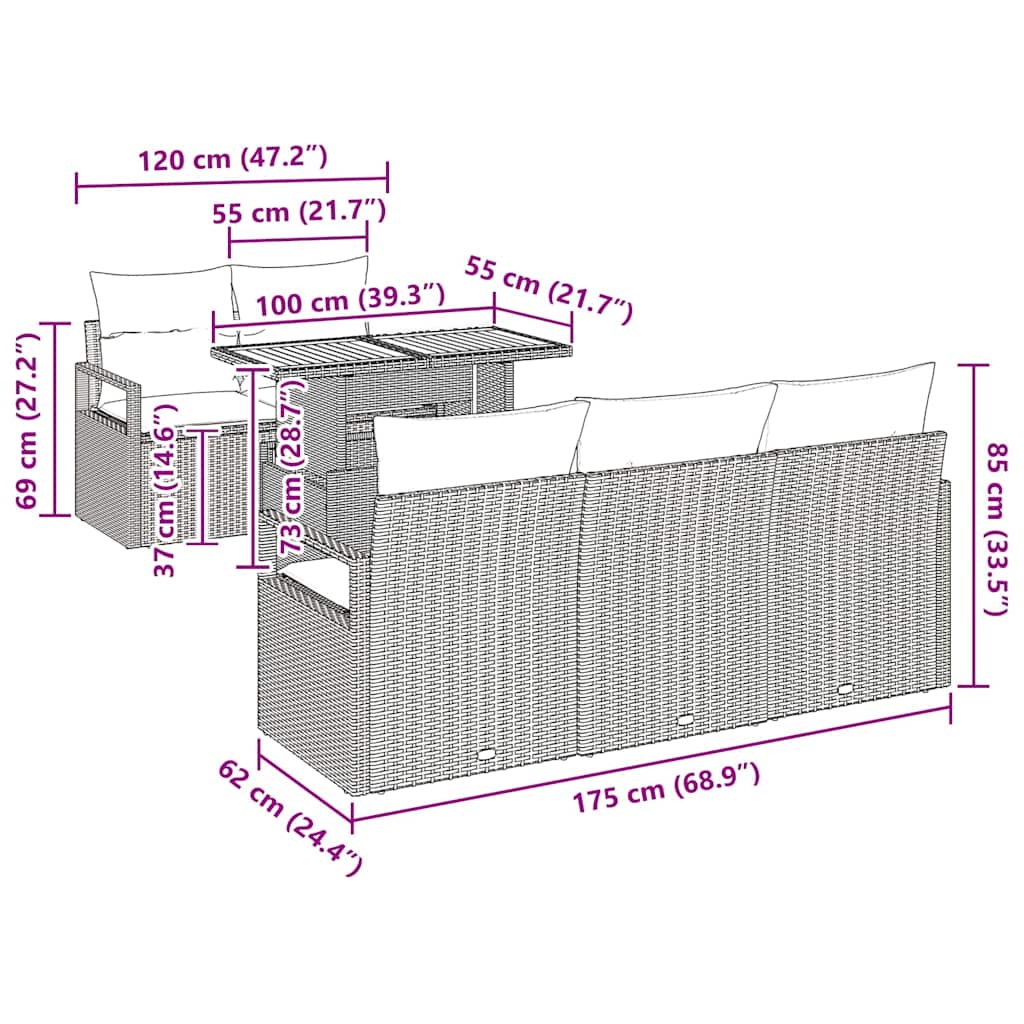 Sjedeća garnitura za vrt s jastukom 6 pcs Crna i krem