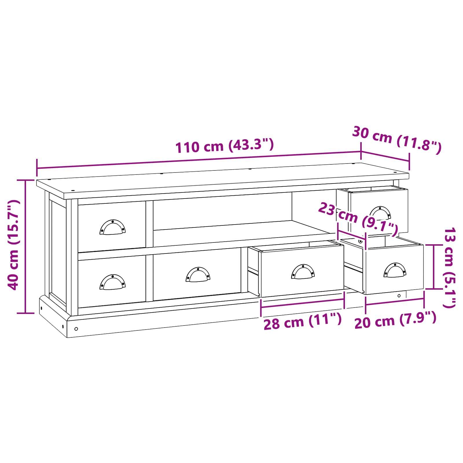 TV stalak s ladicama Prirodna 110 x 30 x 40 cm Čvrsto teak drvo