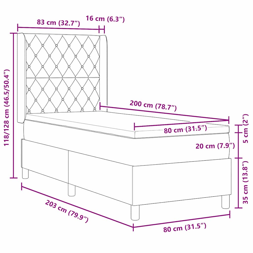 Krevet s opruga kutije s madracem Tamno siva 80 x 200 cm Baršun