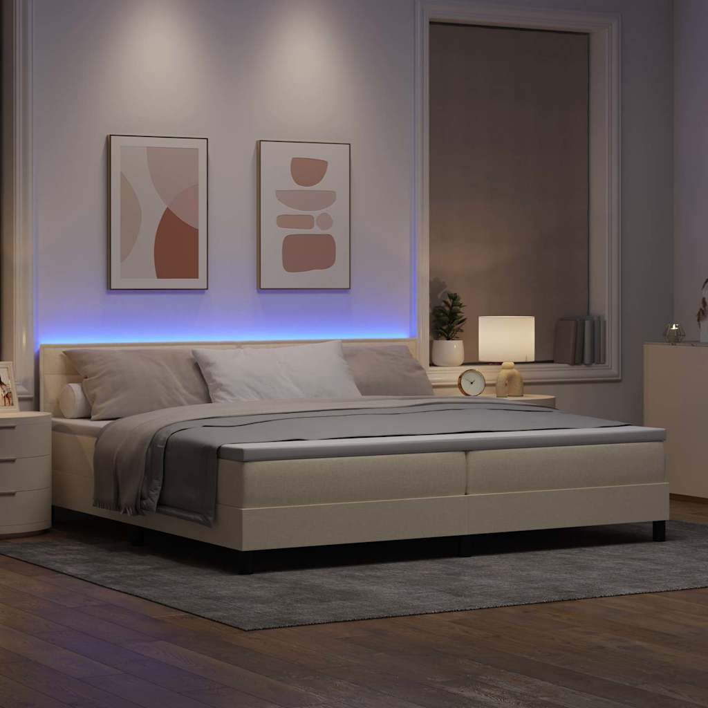 Krevet s opruga kutije s LED trakama Krema 200 x 200 cm tkanina