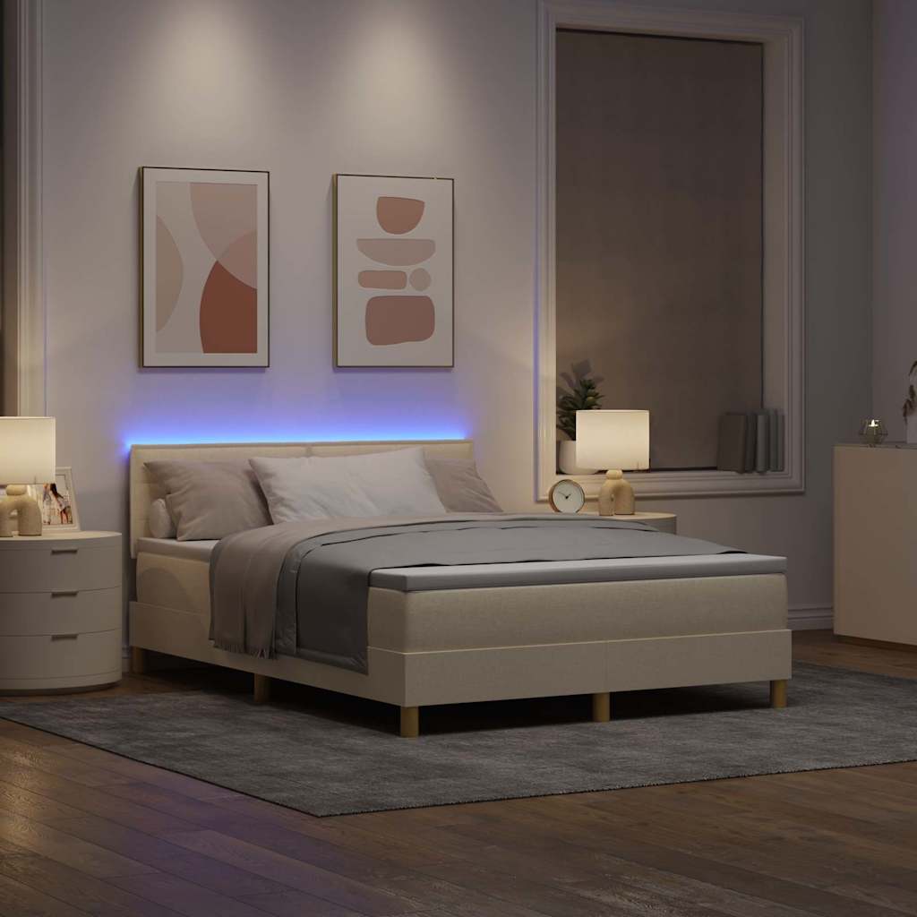LED Box Spring Krevet s LED trakama Krema 140 x 200 cm tkanina