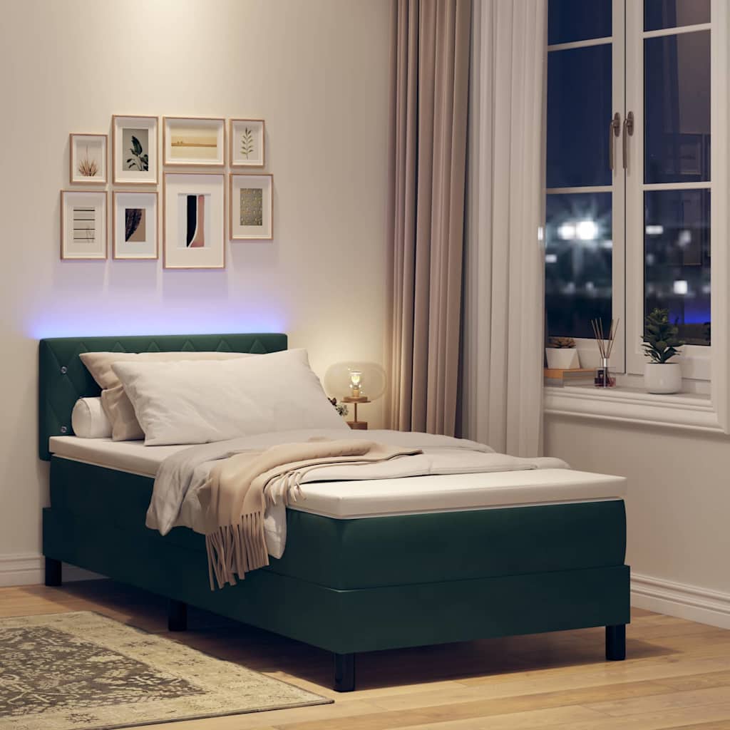 LED Box Spring Krevet s madracem Tamnozelena 90 x 200 cm Baršun