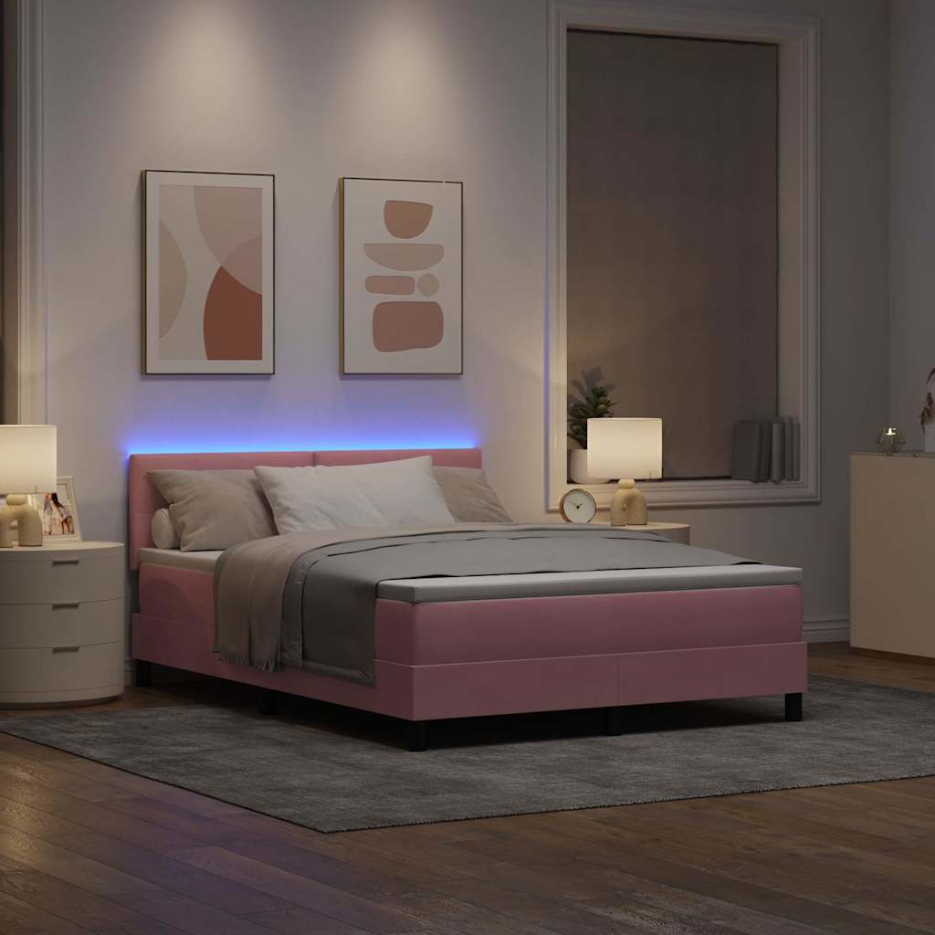 LED Box Spring Krevet s madracem Ružičasta 140 x 200 cm Baršun