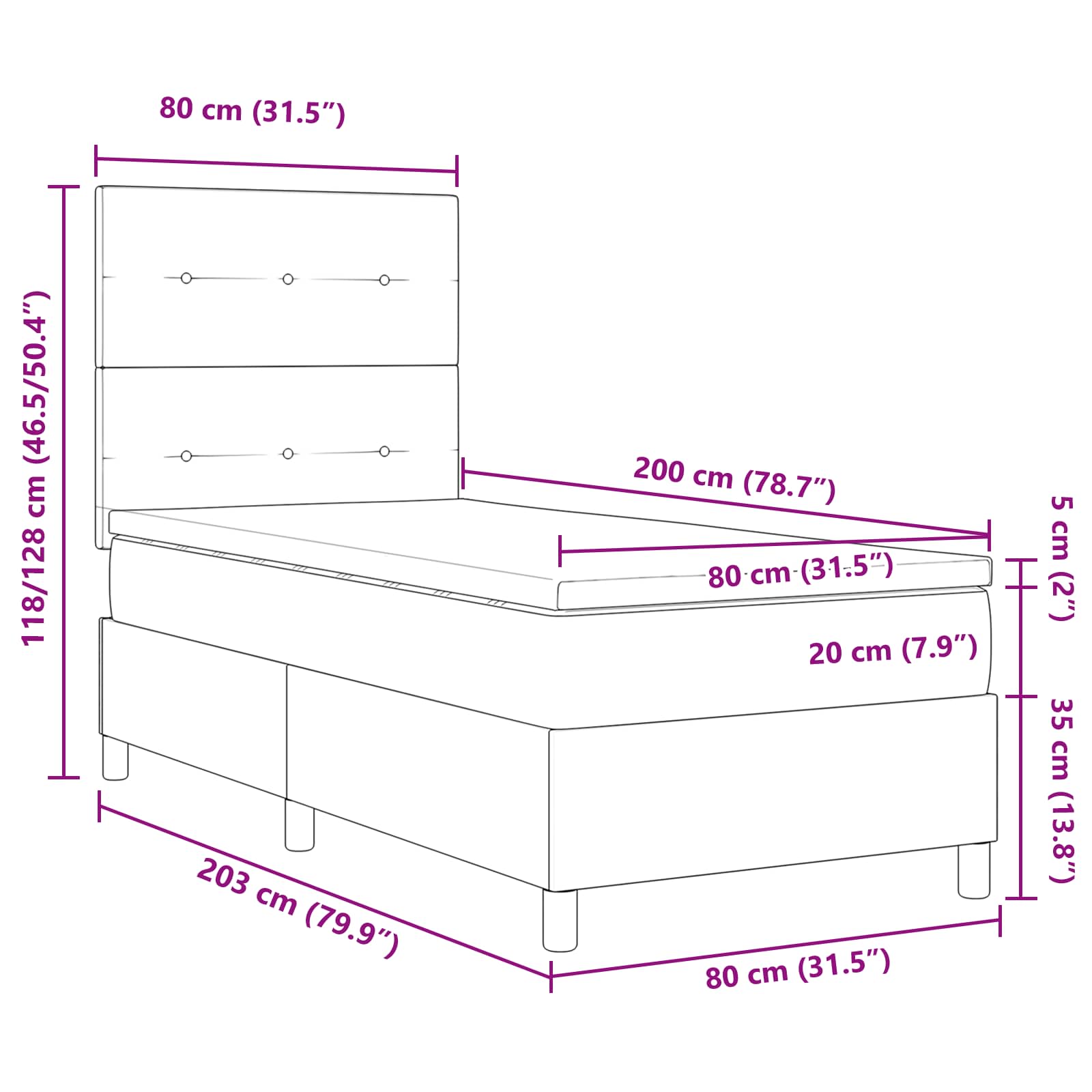 Krevet s opruga kutije s LED trakama Crna 80 x 200 cm tkanina