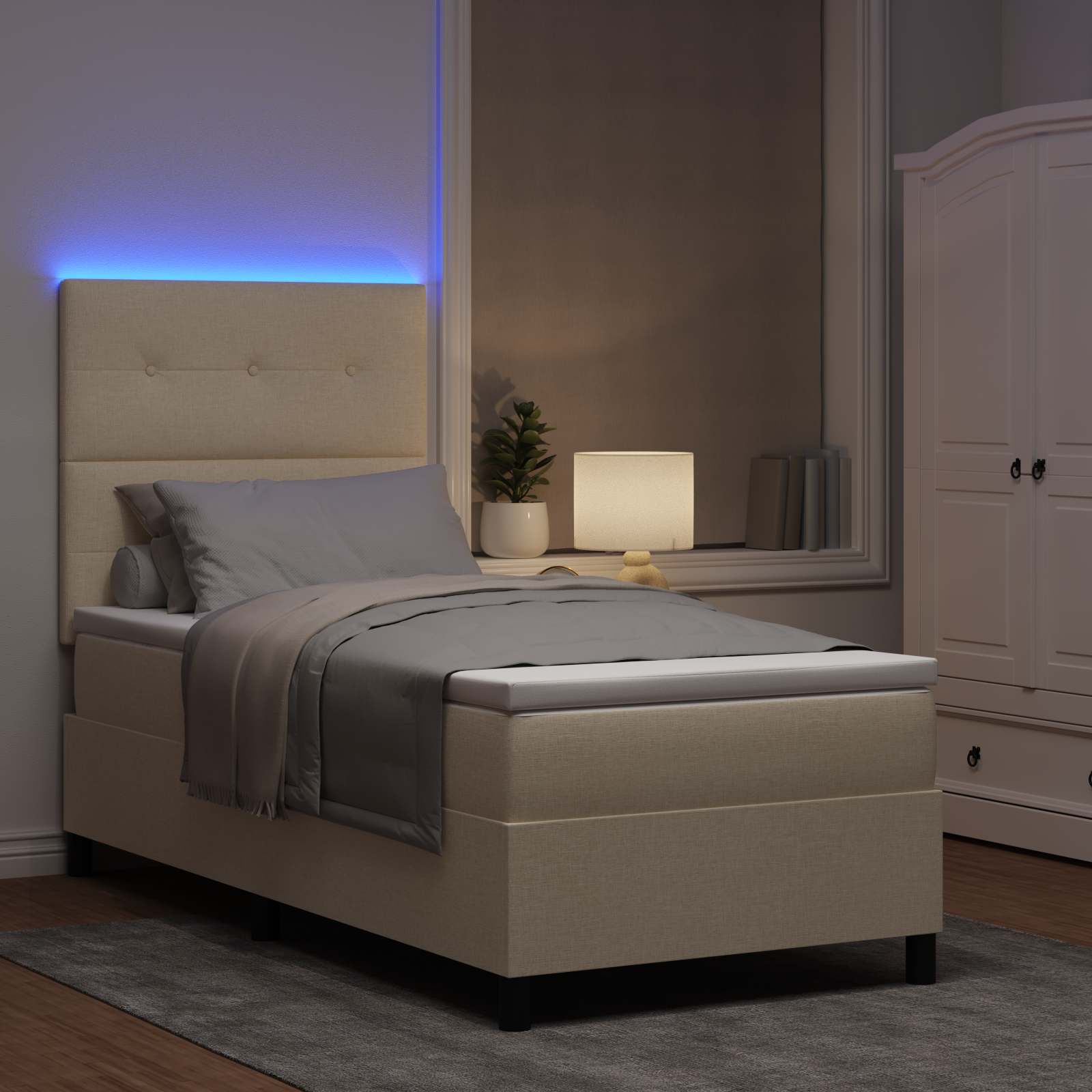 Krevet s opruga kutije s LED trakama Krema 90 x 190 cm tkanina