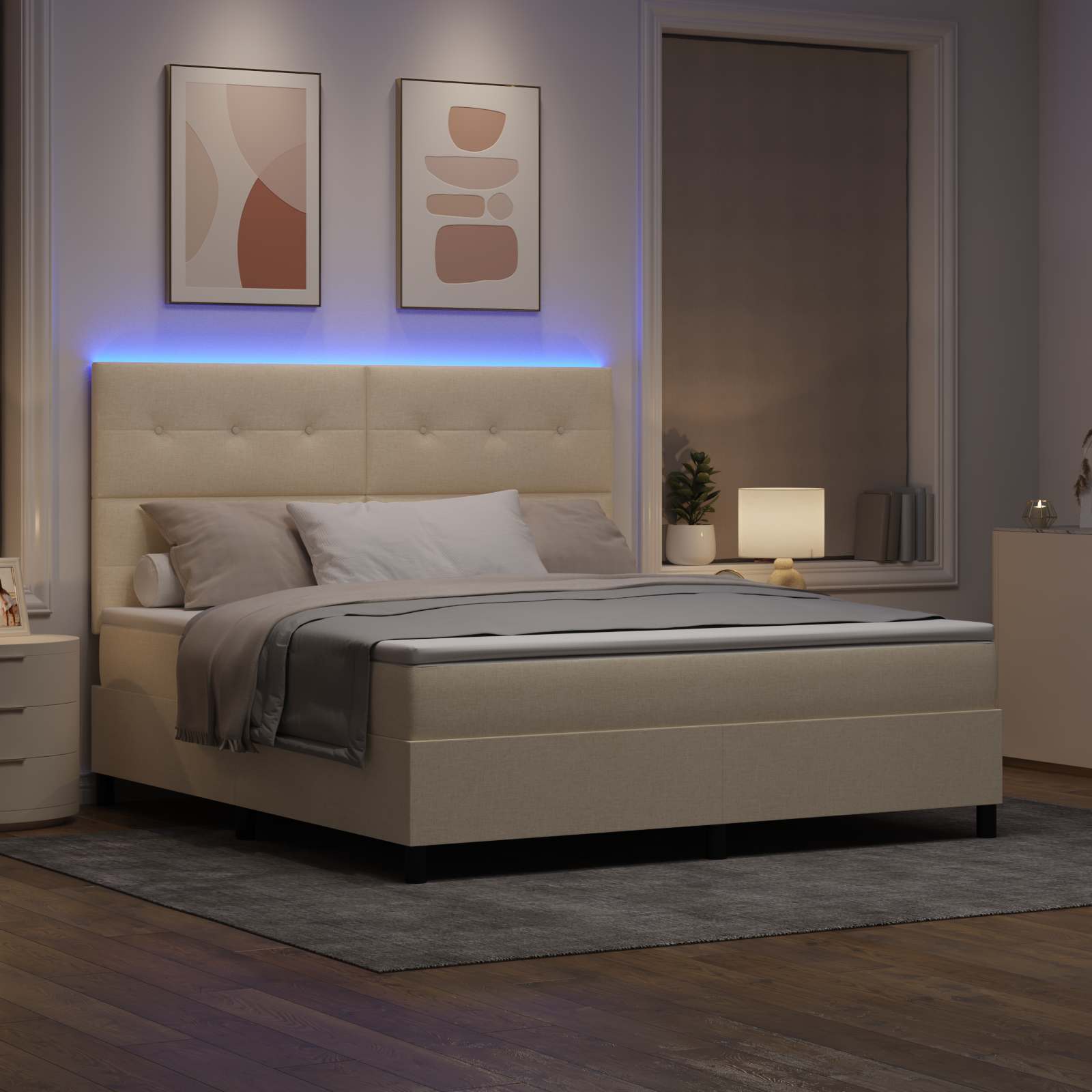 Krevet s opruga kutije s LED trakama Krema 180 x 200 cm tkanina
