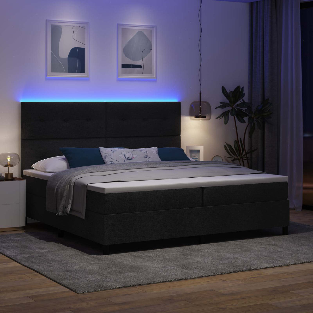 Krevet s opruga kutije s LED trakama Crna 200 x 200 cm tkanina