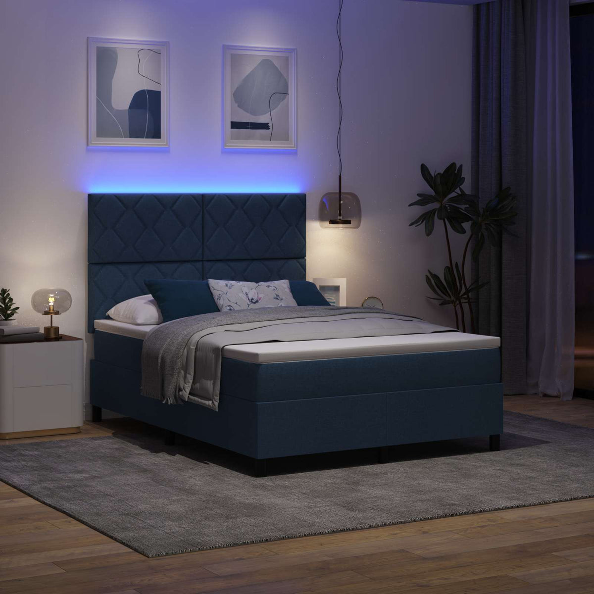 Krevet s opruga kutije s LED trakama Plava 160 x 200 cm tkanina
