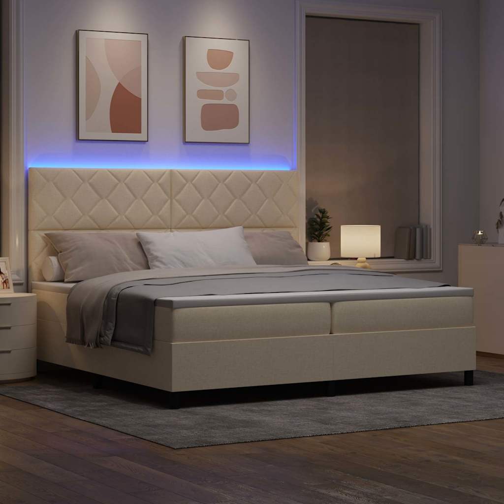Krevet s opruga kutije s LED trakama Krema 200 x 200 cm tkanina