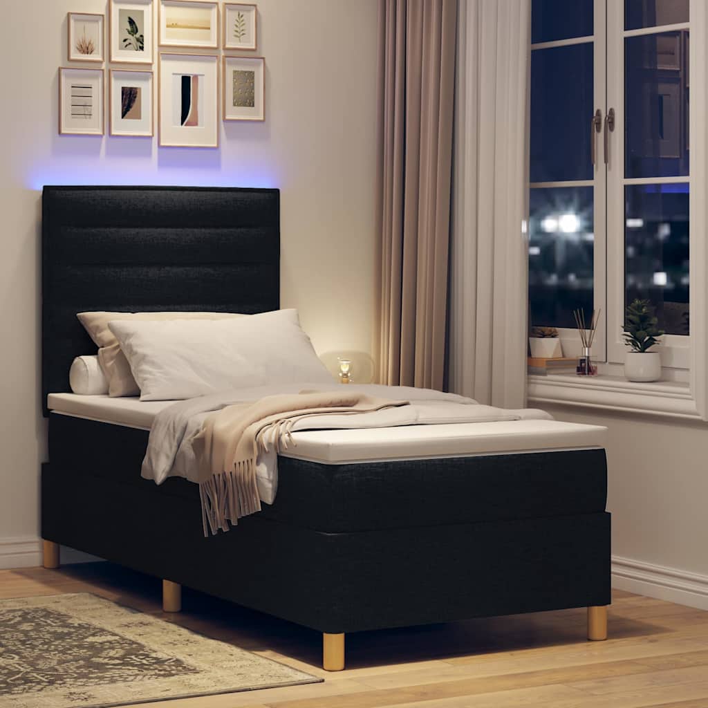 LED Box Spring Krevet s madracem Crna 100 x 200 cm tkanina