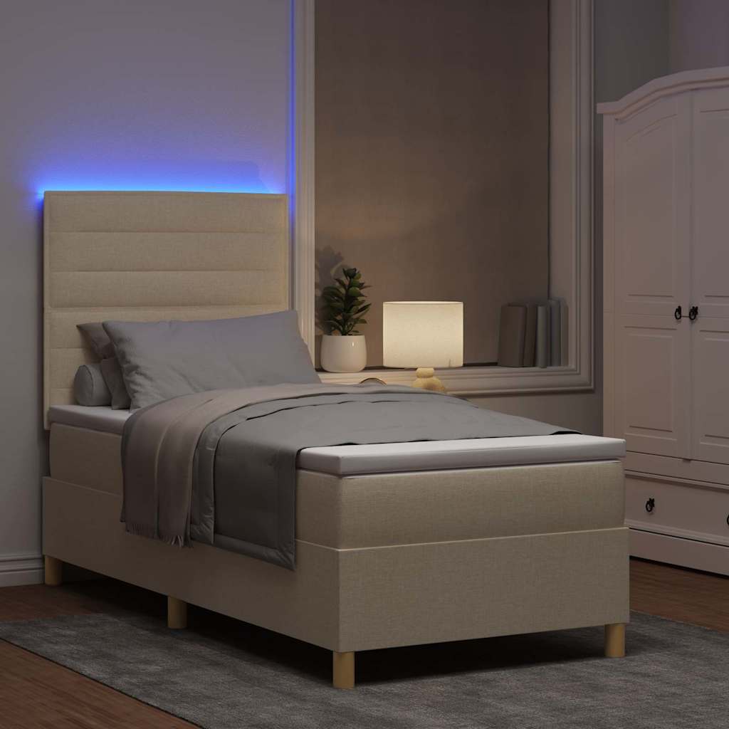 LED Box Spring Krevet s madracem Krema 100 x 200 cm tkanina
