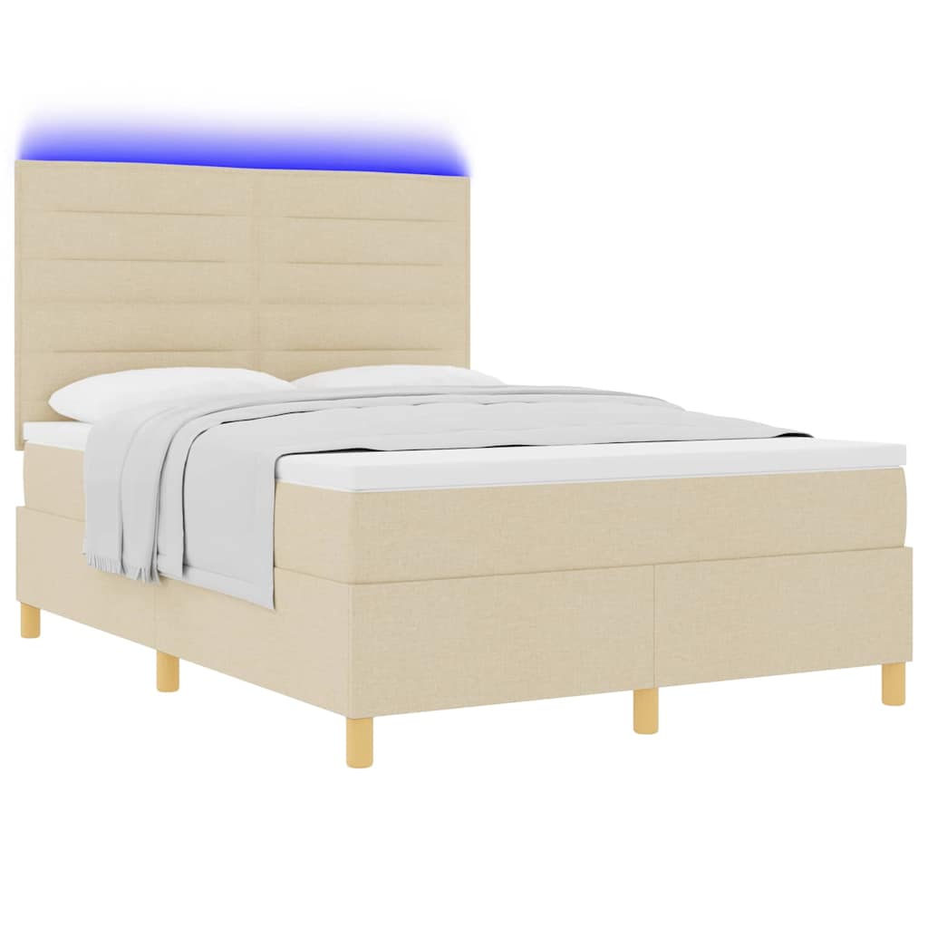 LED Box Spring Krevet s madracem Krema 140 x 190 cm tkanina