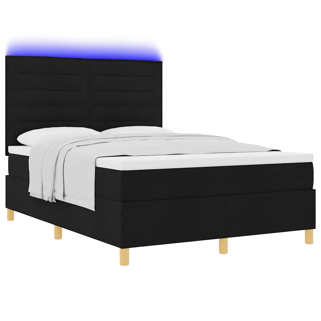 LED Box Spring Krevet s madracem Crna 140 x 200 cm tkanina