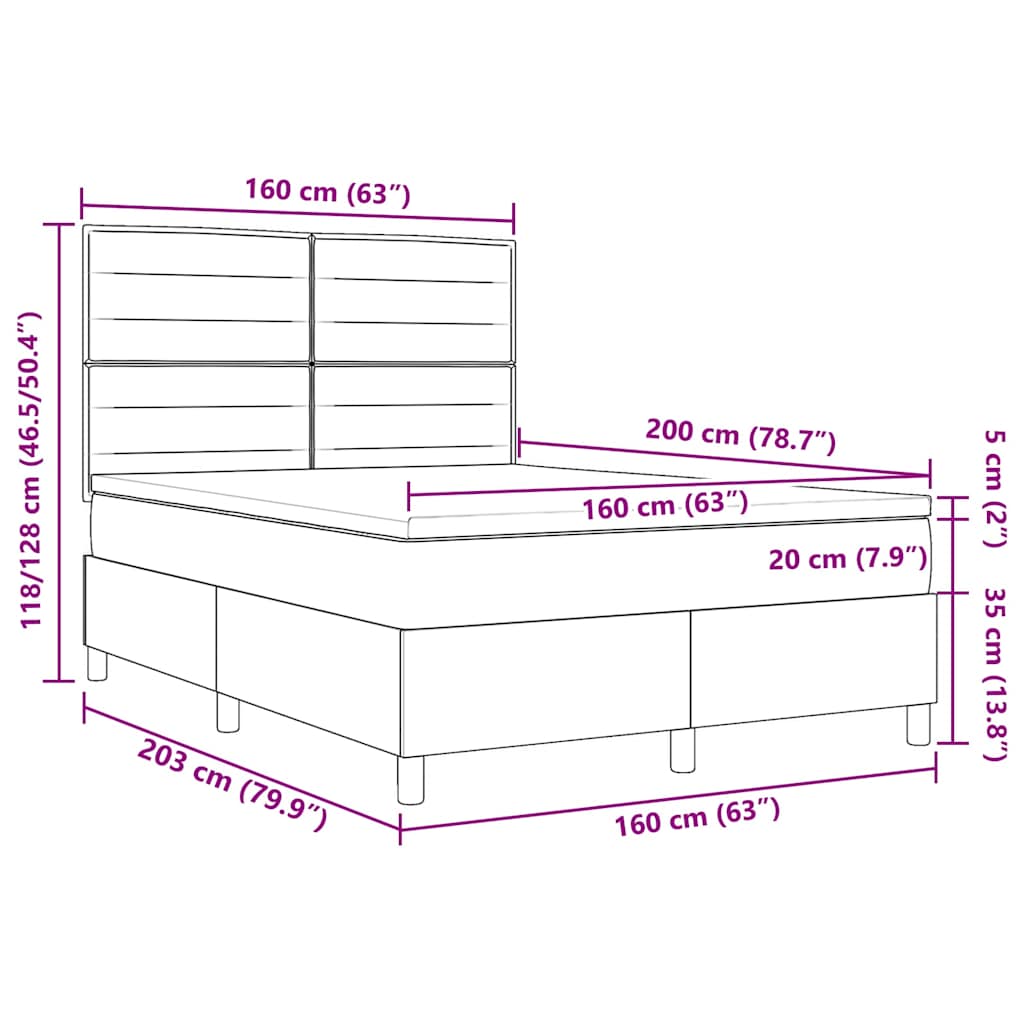 LED Box Spring Krevet s madracem Crna 160 x 200 cm tkanina