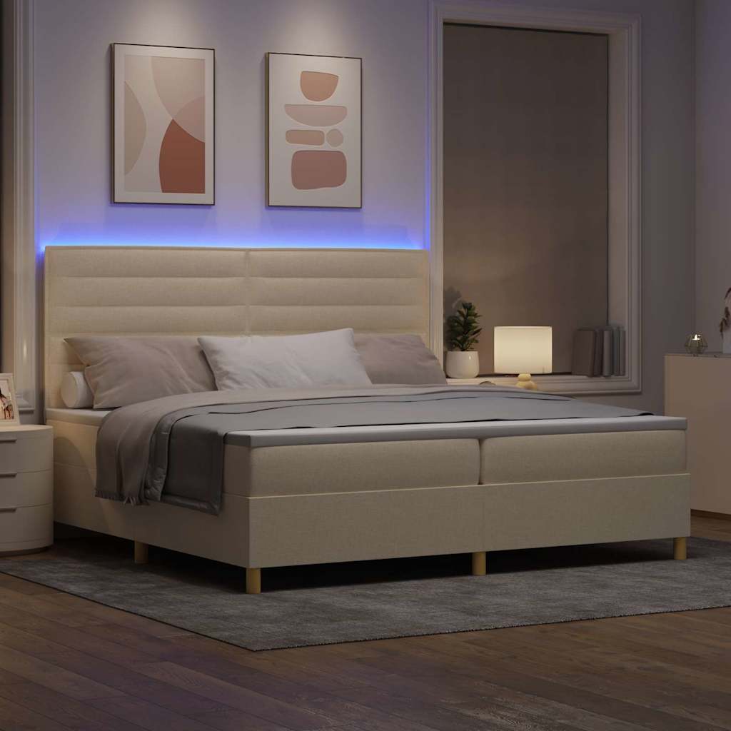 LED Box Spring Krevet s madracem Krema 200 x 200 cm tkanina