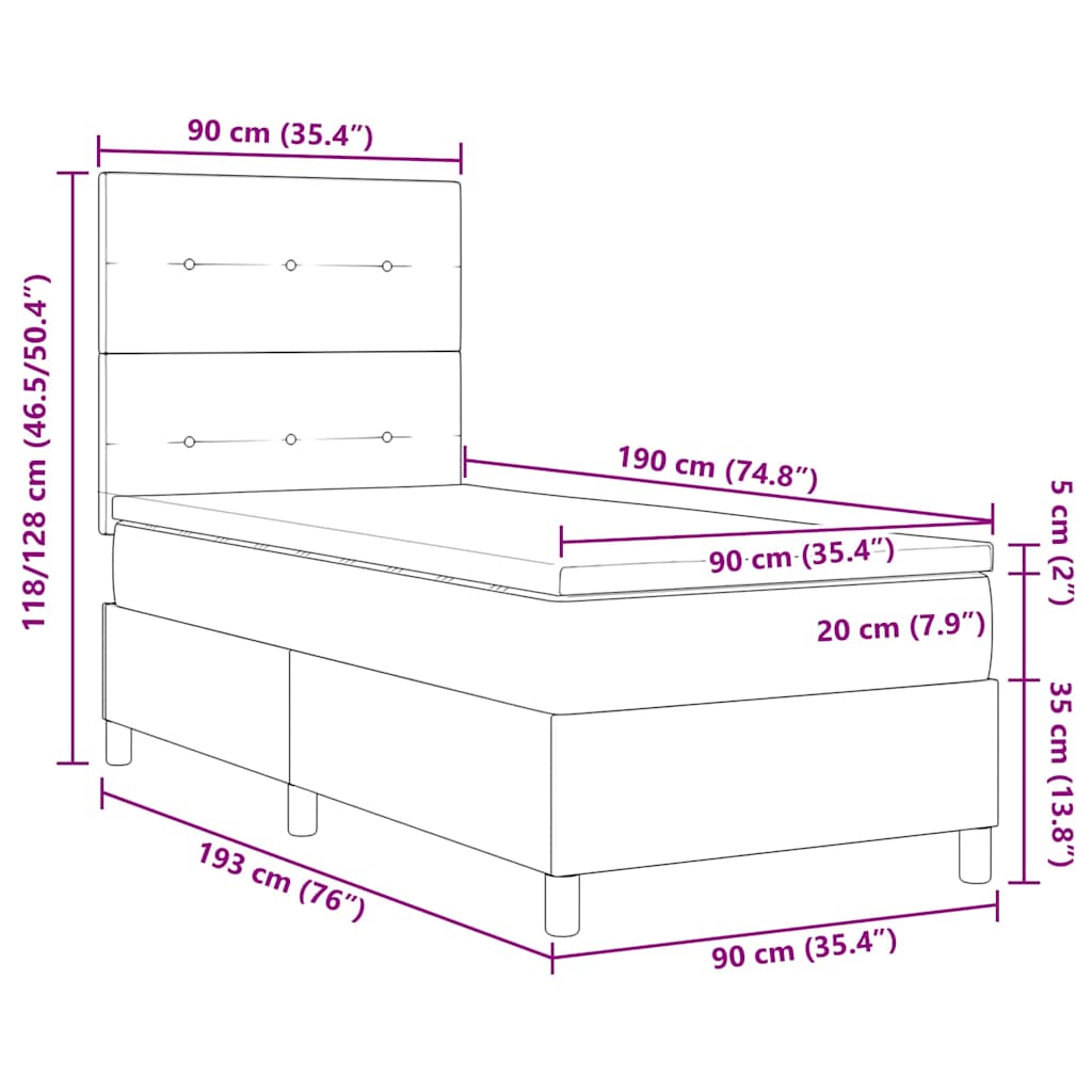LED Box Spring Krevet Tamno smeđa 90 x 190 cm tkanina