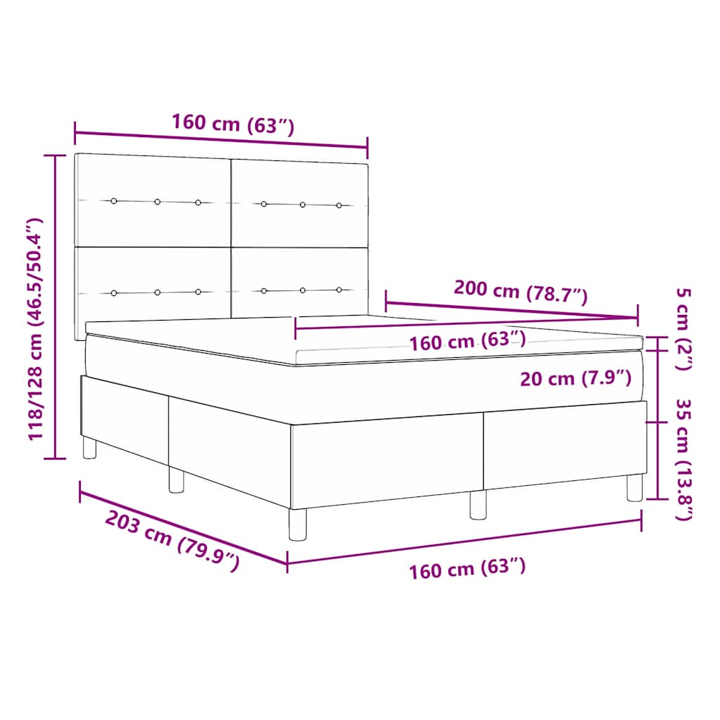 LED Box Spring Krevet s madracem Crna 160 x 200 cm tkanina