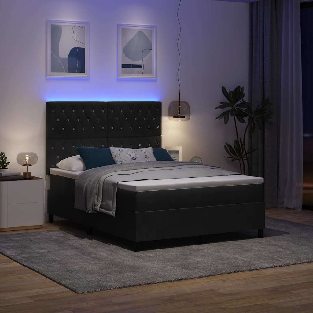 LED Box Spring Krevet s madracem Crna 140 x 190 cm Baršun