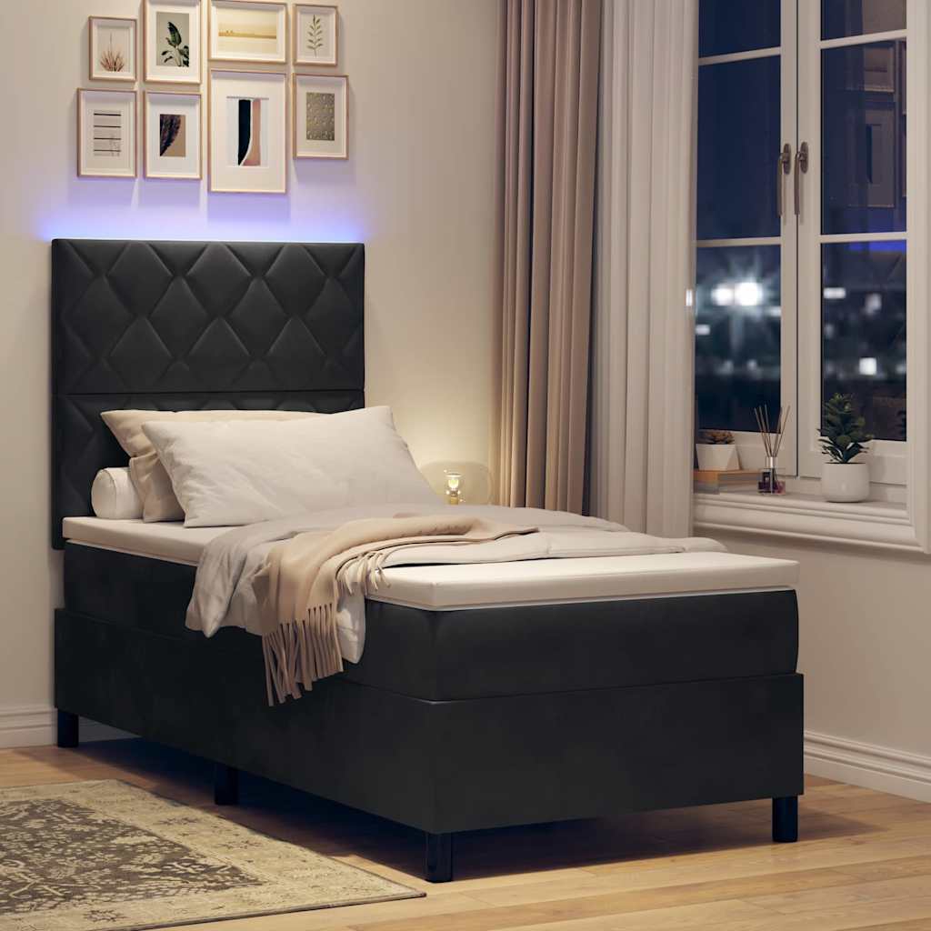 LED Box Spring Krevet s uzglavljem Crna 90 x 190 cm Baršun