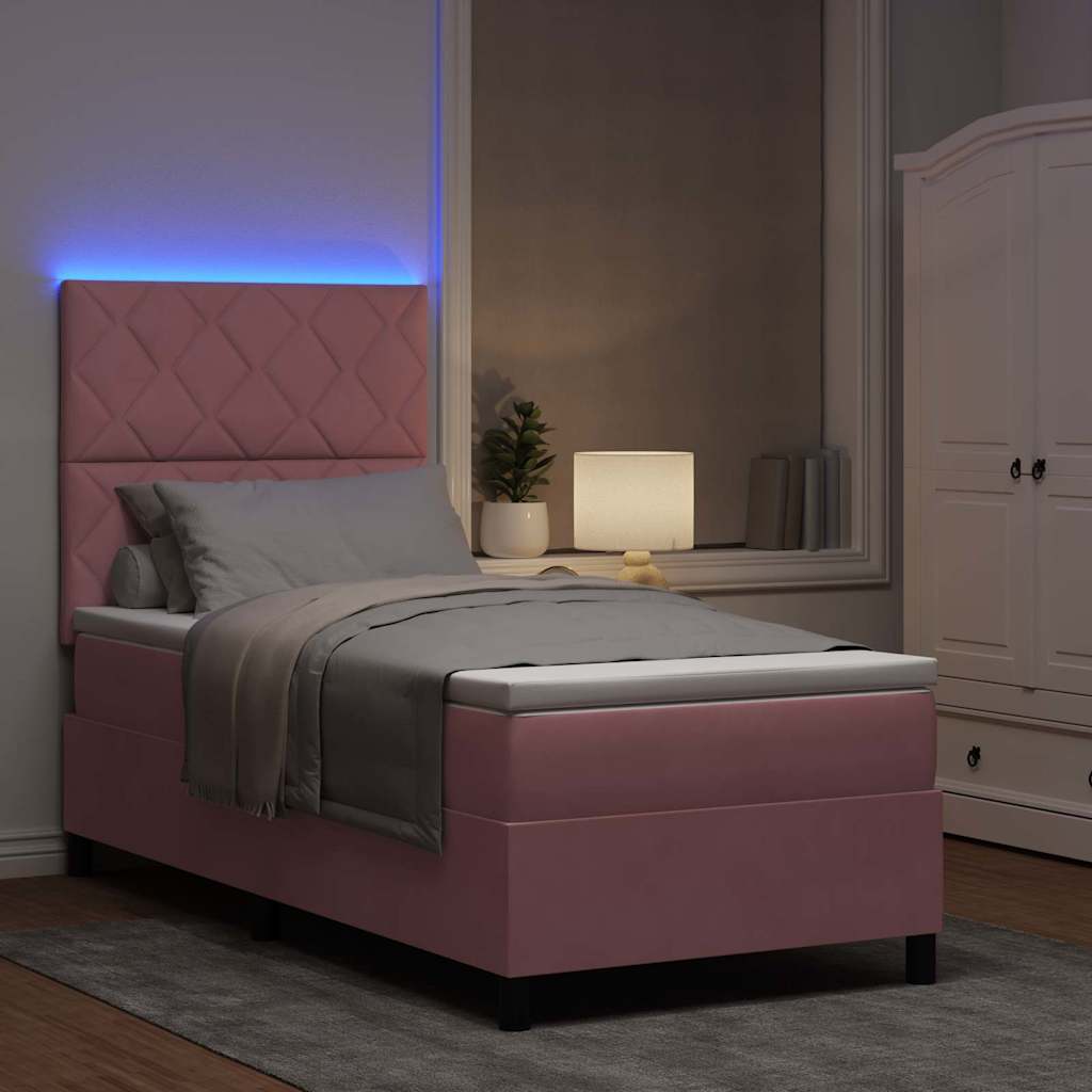 LED Box Spring Krevet s madracem Ružičasta 90 x 190 cm Baršun