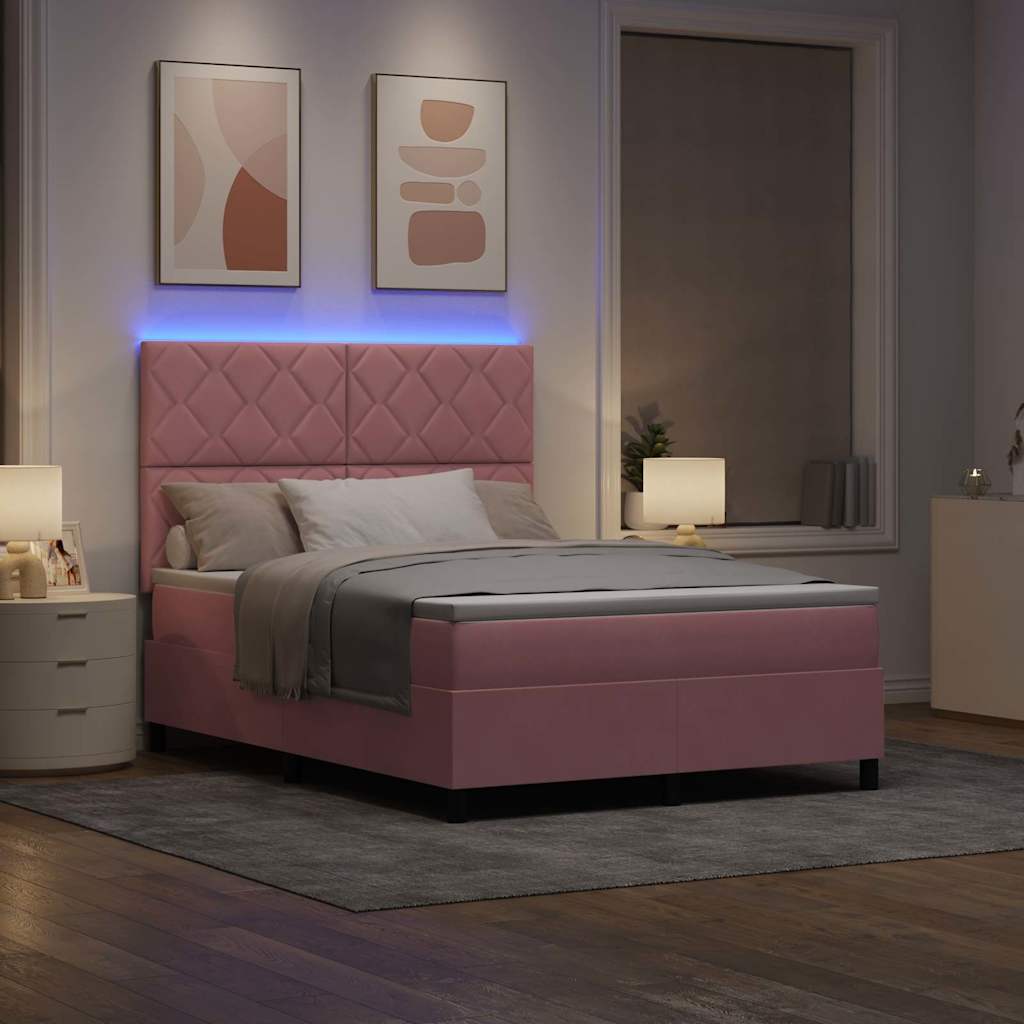 LED Box Spring Krevet Ružičasta 140 x 190 cm Baršun