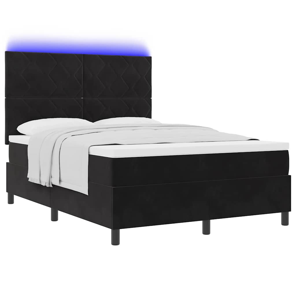 LED Box Spring Krevet s madracem Crna 140 x 200 cm Baršun