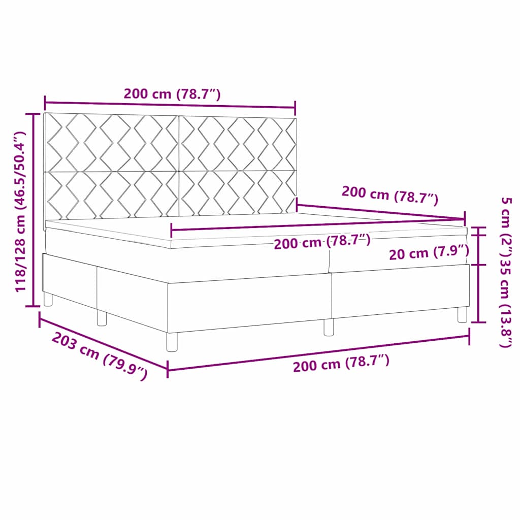 LED Box Spring Krevet Tamno siva 200 x 200 cm Baršun