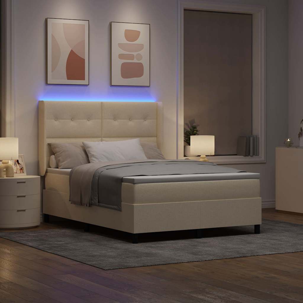 LED Box Spring Krevet s madracem Krema 140 x 190 cm tkanina