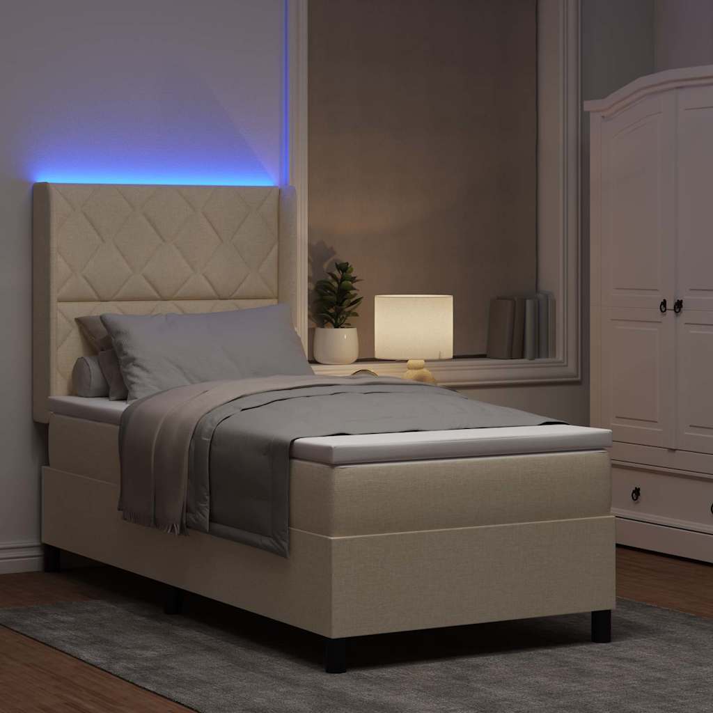 LED Box Spring Krevet s madracem Krema 100 x 200 cm tkanina