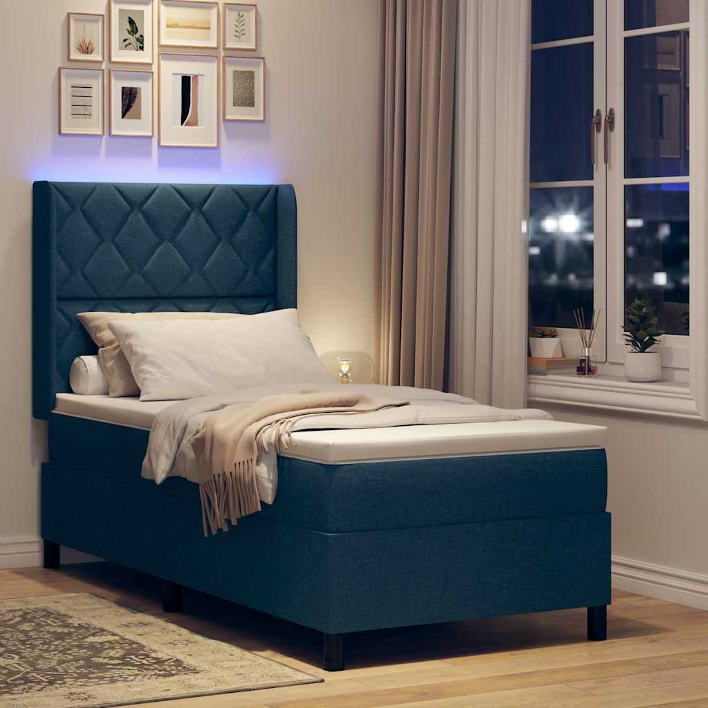 LED Box Spring Krevet s uzglavljem Plava 100 x 200 cm tkanina