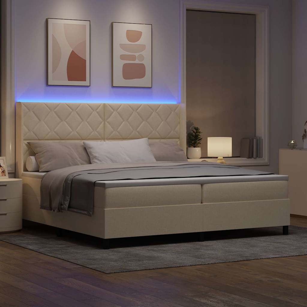LED Box Spring Krevet s madracem Krema 200 x 200 cm tkanina