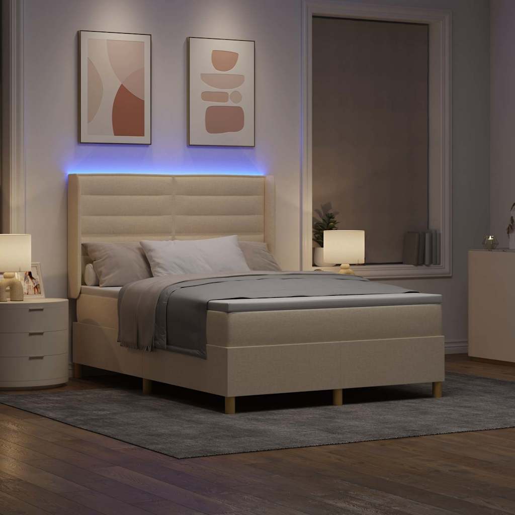 Krevet s opruga kutije s LED trakama Krema 140 x 200 cm tkanina