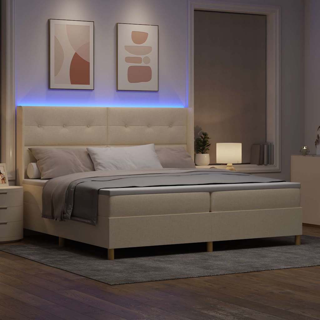 Krevet s opruga kutije s LED trakama Krema 200 x 200 cm tkanina