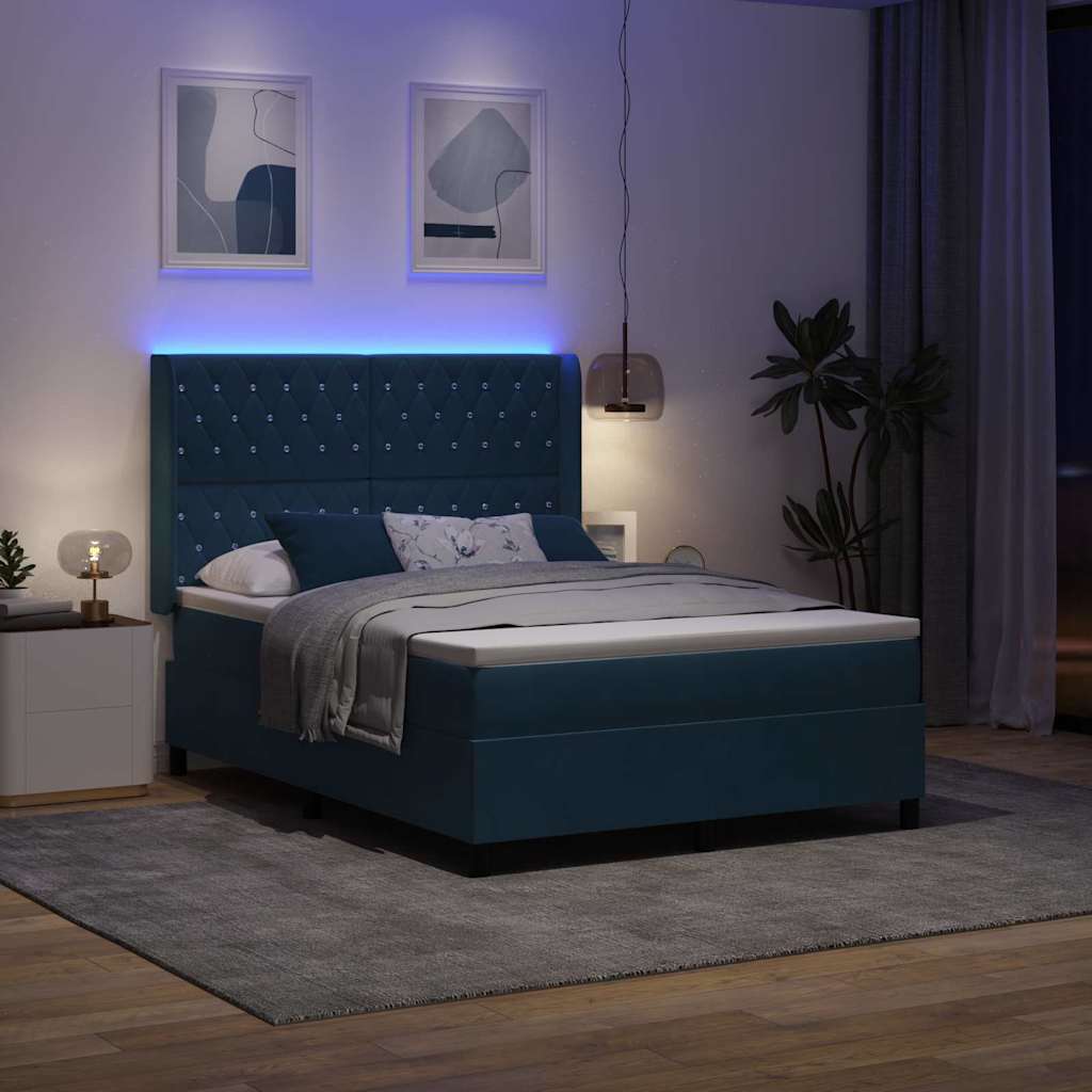 Krevet s opruga kutije s LED trakama Plava 140 x 190 cm Baršun
