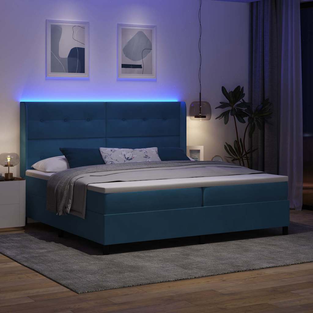 Krevet s opruga kutije s LED trakama Plava 200 x 200 cm Baršun